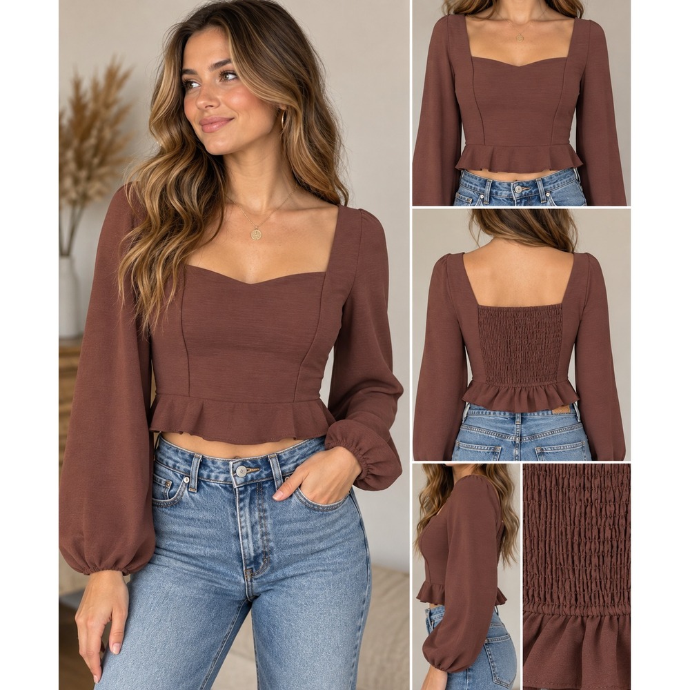 Altar'd State Brown Crop Top S Long Sleeve Smocked Back Ruffle Romantic Boho Y2K